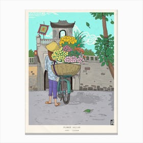 Vietnam Travel Art Print - Hanoi Street Art - Flower Seller Vendor Hawker Illustration - Vietnamese Culture Art Print Canvas Print