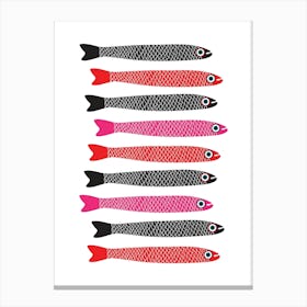ANCHOVIES Retro Swimming Fish Horizontal in Black Fuchsia Pink and Red on White Canvas Print