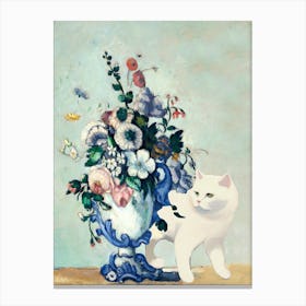 Rococo Vase, Paul Cezanne  Inspired With White Cat Canvas Print