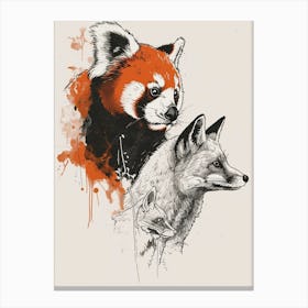 Red Panda And A Fox Ink Illustration 4 Canvas Print