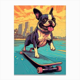 Boston Terrier Dog Skateboarding Illustration 3 Canvas Print