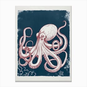 Retro Red Navy Octopus Linocut Style 7 Canvas Print
