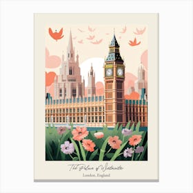 The Palace Of Westminster   London, England   Cute Botanical Illustration Travel 1 Poster Canvas Print