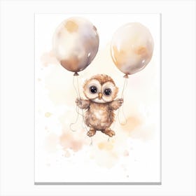 Baby Owl Flying With Ballons, Watercolour Nursery Art 1 Canvas Print
