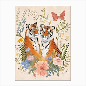 Folksy Floral Animal Drawing Tiger Canvas Print