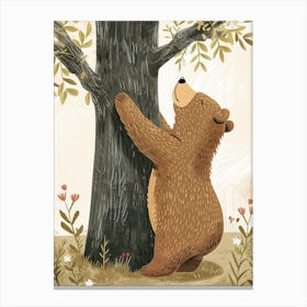 Brown Bear Scratching Its Back Against A Tree Storybook Illustration 2 Canvas Print