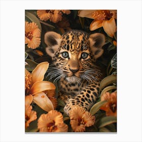 A Happy Front faced Leopard Cub In Tropical Flowers 10 Canvas Print