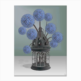 Blue Allium Flowers In An Antique Candle Lamp Canvas Print