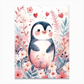 Penguin Floral Watercolor Spring Love Valentine Canvas Print