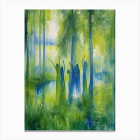 Dryads Optical Illusion Women Nymphs Trapped in the Woods Camouflaged Watercolor Awaiting a Victim Wailing Sirens - Interesting Impressionism Green Blue Birch and Willow Tree Forest and Lake - Pagan Feature Gallery Wall Siren Calling HD 2 Canvas Print