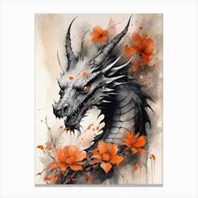 Japanese Dragon Abstract Flowers Painting (18) Canvas Print