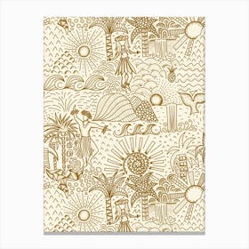 Hawaiian Toile Polynesian Hula Dance Tropical Landscape Golden Yellow Cream White Canvas Print