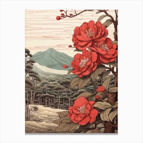 Higanatsu Red Camellia 3 Japanese Botanical Illustration Canvas Print