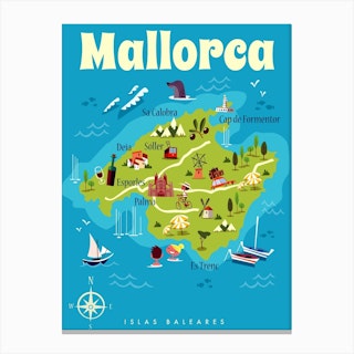 Mallorca Map Poster Blue & Green Canvas Print