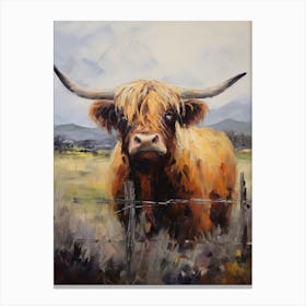 Moody Impressionism Style Painting Of Of Highland Cow By A Fence Canvas Print