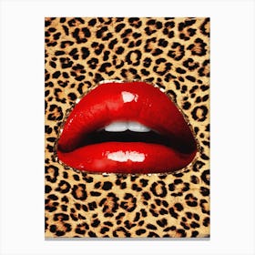 Leopard Lip Glitter Collage Red & Brown Canvas Print