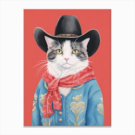 Cowboy Black And White Cat Quirky Western Print Pet Decor 3 Canvas Print