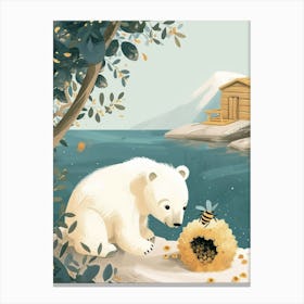 Polar Bear Cub Playing With A Beehive Storybook Illustration 3 Canvas Print