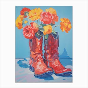 A Painting Of Cowboy Boots With Orange Flowers, Fauvist Style, Still Life 8 Canvas Print