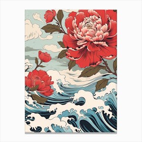Great Wave With Peony Flower Drawing In The Style Of Ukiyo E 1 Canvas Print