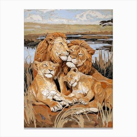 African Lion Relief Illustration Family 2 Canvas Print