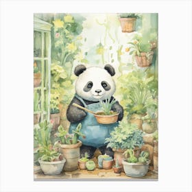 Panda Art Gardening Watercolour 1 Canvas Print