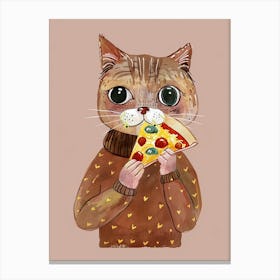 Brown Cat Pizza Lover Folk Illustration 6 Canvas Print