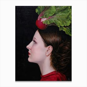 Surreal Painting Of A Woman In Side Profile Rhubarb Lushly Adorning Her Head Dark Hued Circles Mar Canvas Print