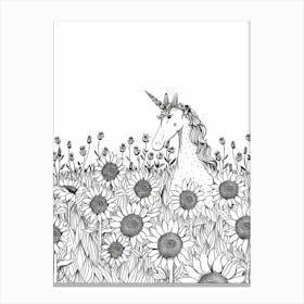 Black & White Unicorn In A Sunflower Field Canvas Print