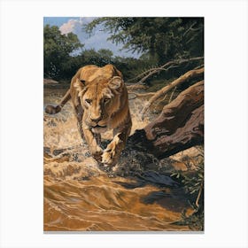 African Lion Relief Illustration Crossing A River 4 Canvas Print