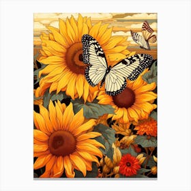 Butterflies With Sunflowers 1 Canvas Print