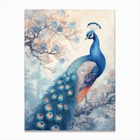 Watercolour Peacock With The Blue Blossom 2 Canvas Print