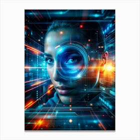 Close Up Portrait Of A Woman With A Futuristic Hud Element Over Her Eye, Set Against A Background Of Glowing Lines, Circuits, And Data Streams Canvas Print