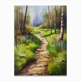 Path In The Woods.Canada's forests. Dirt path. Spring flowers. Forest trees. Artwork. Oil on canvas.9 Canvas Print