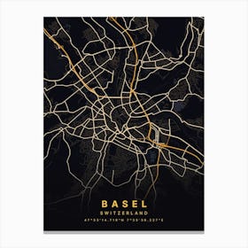 Basel Switzerland Black And Gold Map Canvas Print