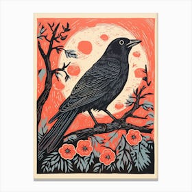 Vintage Bird Linocut Crow 1 Canvas Print