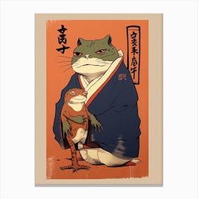 Frog And Cat, Matsumoto Hoji Inspired Japanese Woodblock 3 Canvas Print