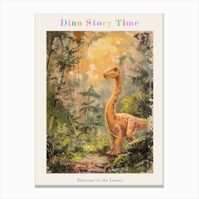 Dinosaur In The Leaves Vintage Storybook Painting Poster Canvas Print