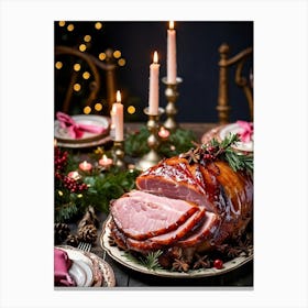 An Entregouted View Of A Glazed Spiced Pork Ham Festooned With A Crown Of Cloves Set On A Lavish C (6) 1 Canvas Print