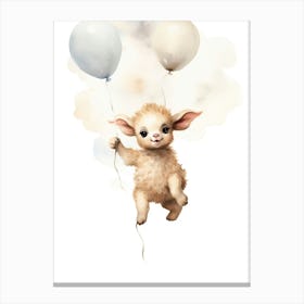 Baby Sheep Flying With Ballons, Watercolour Nursery Art 1 Canvas Print