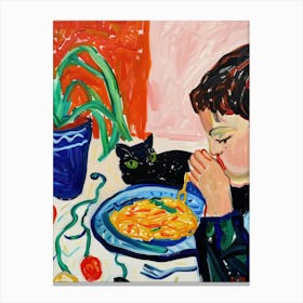 Portrait Of A Boy With Cats Having Pasta 1 Canvas Print