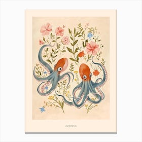 Folksy Floral Animal Drawing Octopus Poster Canvas Print
