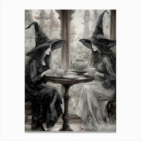 Witch Friends Meet to Drink Tea - Best Witches Have Afternoon Tea and Drinks - Witchy Gloomy Dark Aesthetic Watercolor Sketch Artwork for Feature Gallery Wall Coven Pagan Wicca Witchcraft Art Fairytale Oil Paint Fancy Magick HD Canvas Print