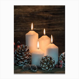 Christmas Candles On A Wooden Table Canvas Print