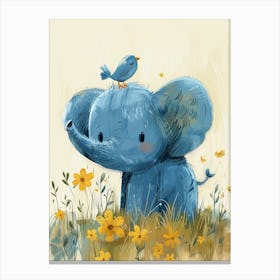 Small Joyful Elephant With A Bird On Its Head 17 Canvas Print