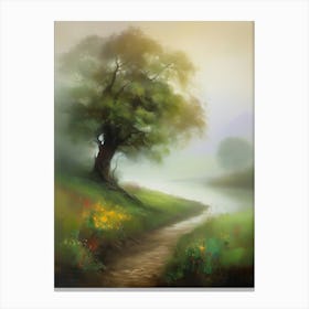 Oak tree, fine work of art, misty atmosphere, green meadow..4 Canvas Print