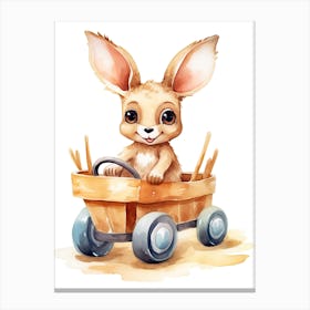 Baby Kangaroo On Toy Car, Watercolour Nursery 1 Canvas Print