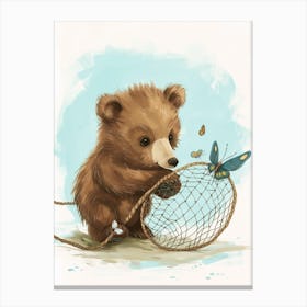 Brown Bear Cub Playing With A Butterfly Net Storybook Illustration 4 Canvas Print