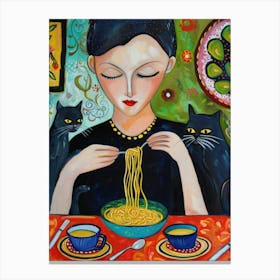 Portrait Of A Woman With Cats Eating Spaghetti 1 Canvas Print