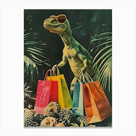Dinosaur With Shopping Bags Retro Collage Canvas Print
